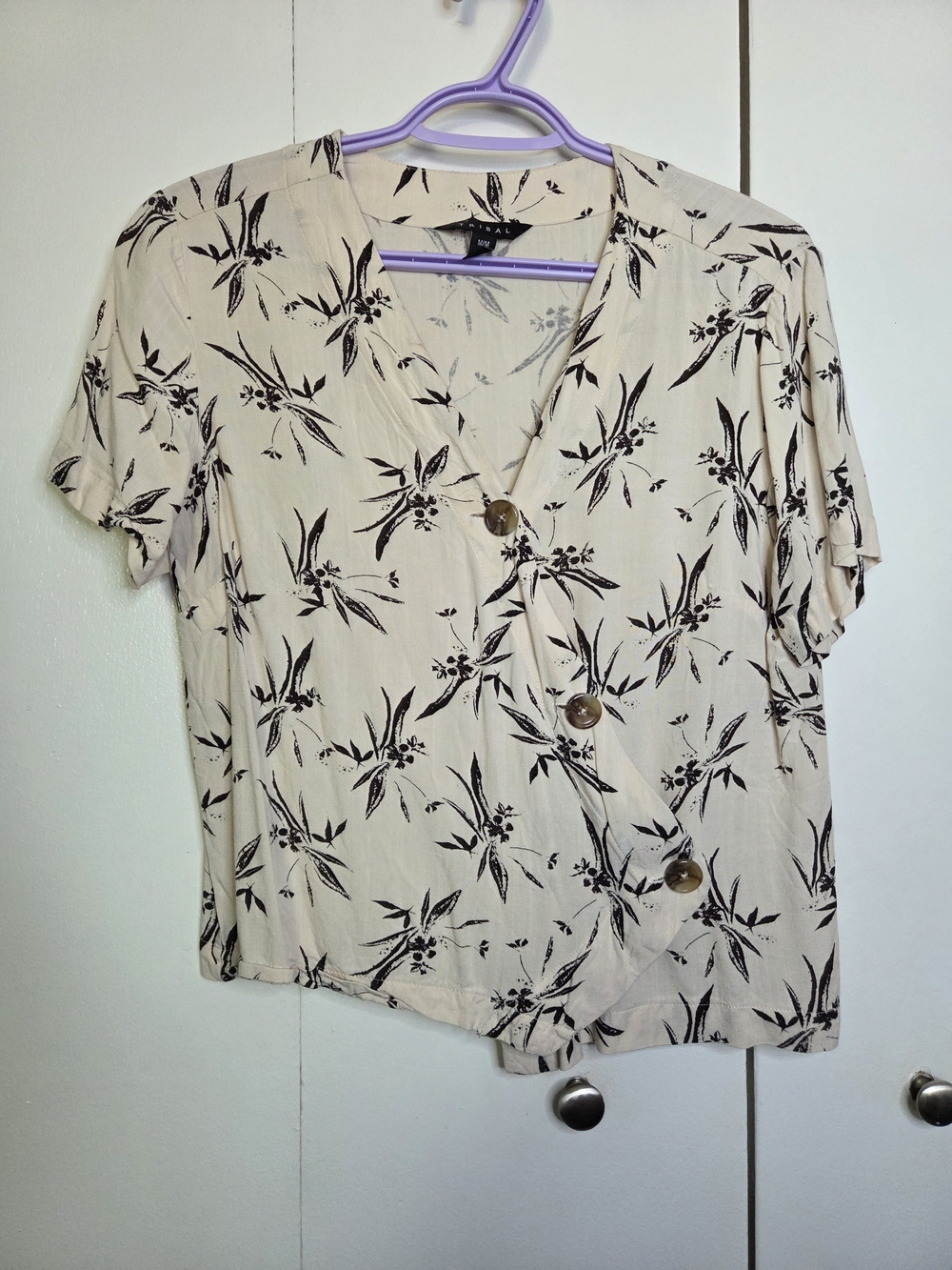 Tribal Women's M Beige with Black Floral Print Cross Button-Front Top